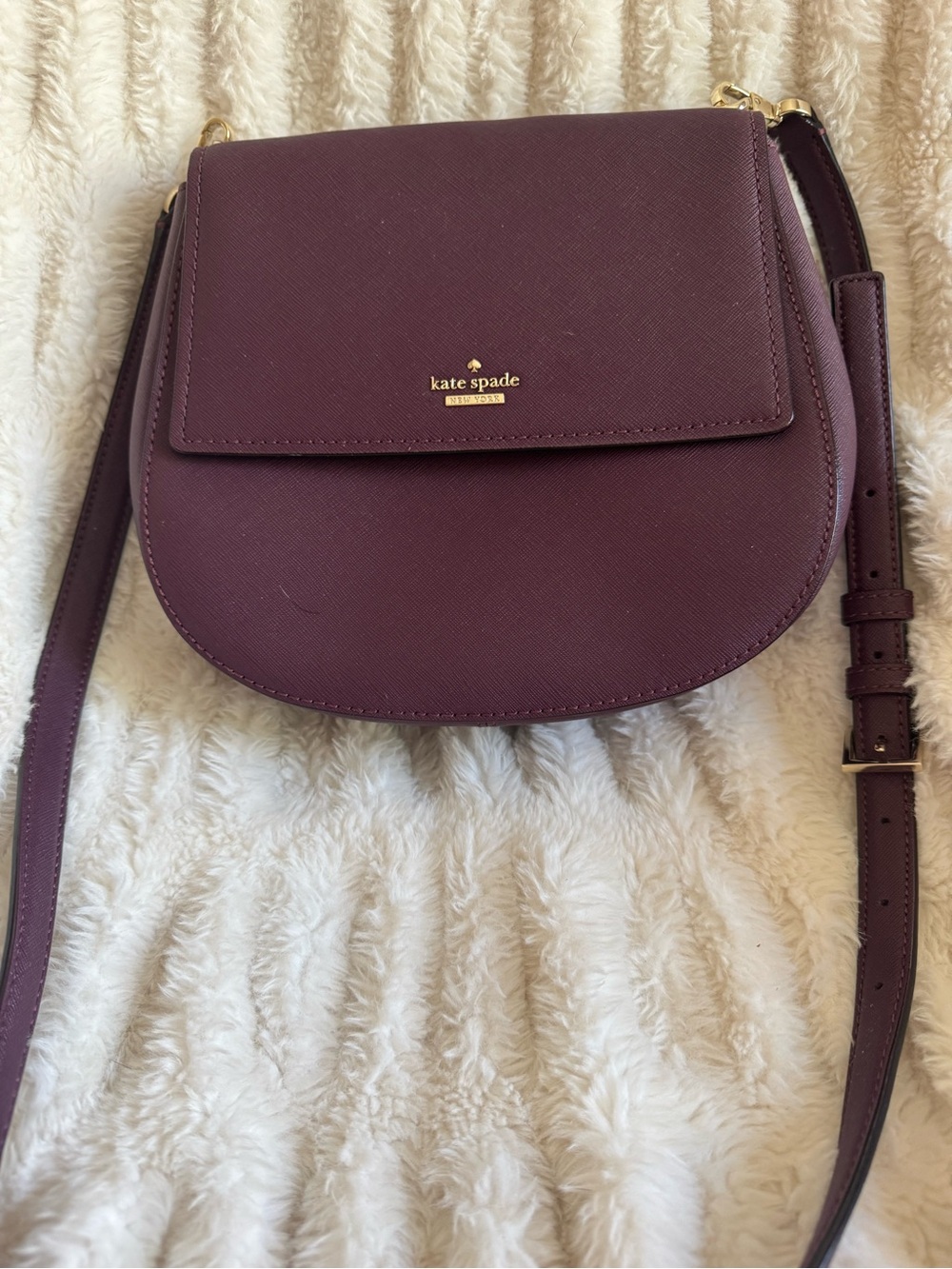 kate spade Plum Saffiano Crossbody Saddle Bag with Gold Hardware